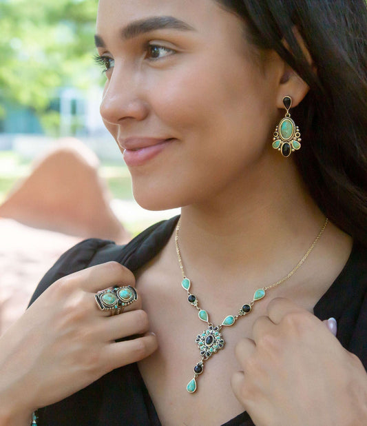 Barcelona Blue Turquoise and Black Onyx Post Drop Golden Earrings Otarealm