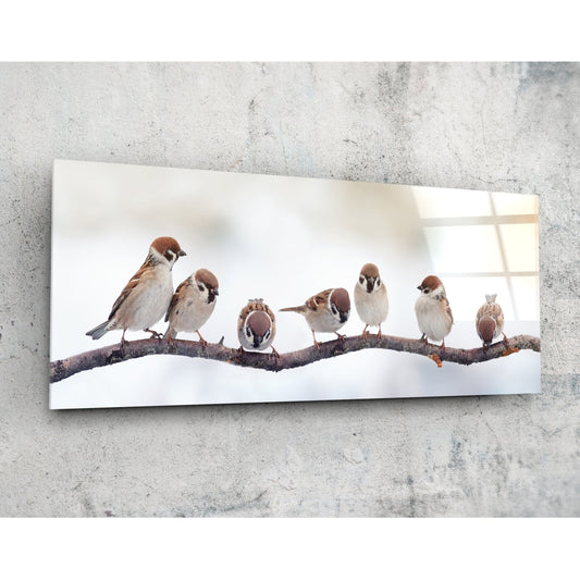 Seven Sparrows On A Bare Branch Glass Wall Art