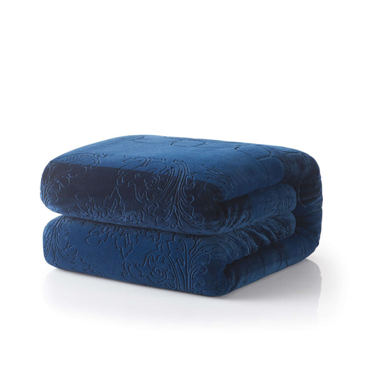 Tache Solid Embossed Cozy Night Blue Sherpa Throw Blanket (62093) Otarealm