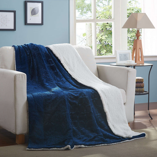 Tache Solid Embossed Cozy Night Blue Sherpa Throw Blanket (62093) Otarealm