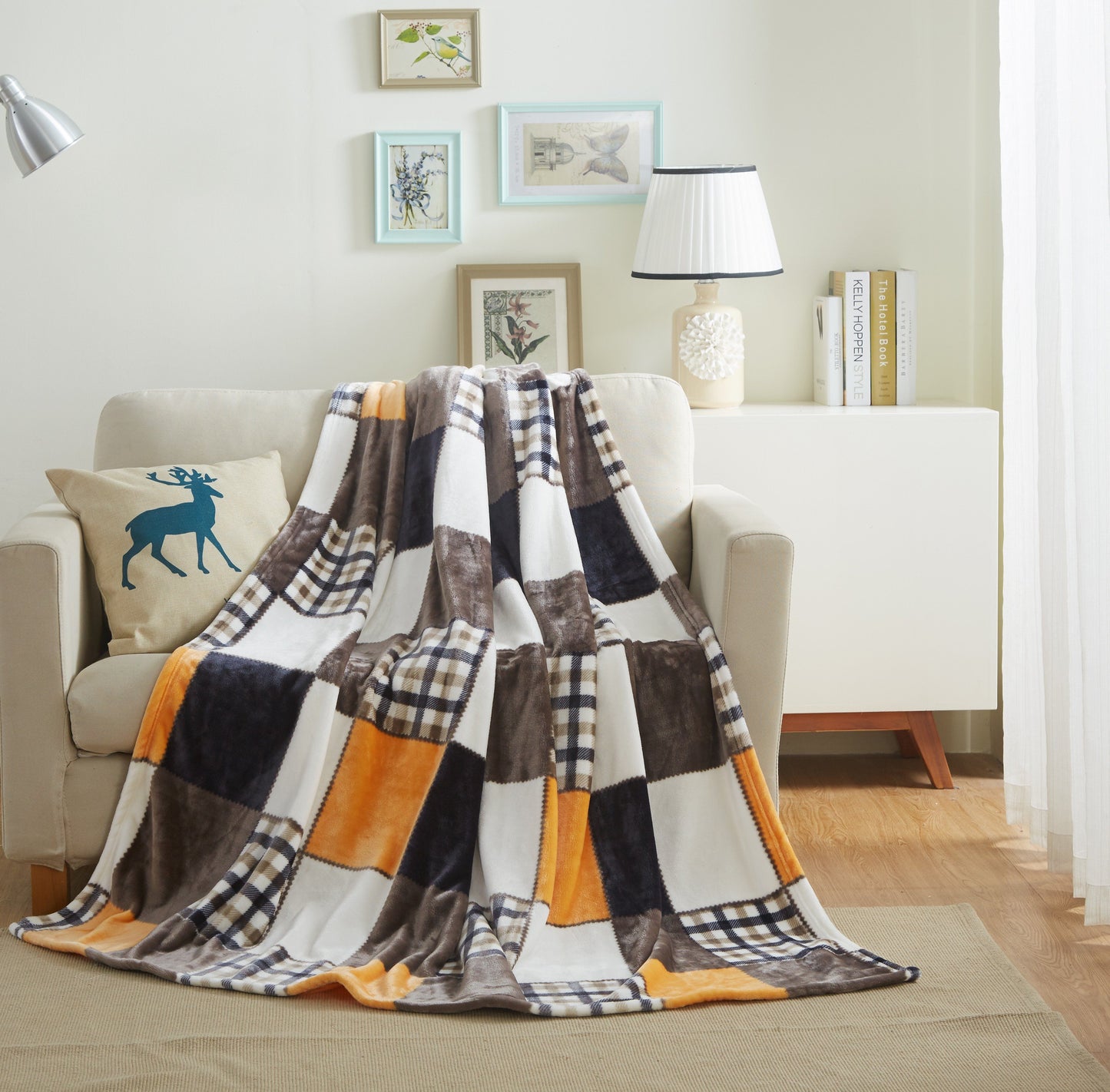 Tache Fall Orange Farmhouse Super Soft Micro Fleece Plaid Patchwork Plush Lightweight Bed Throw Blanket (4021)