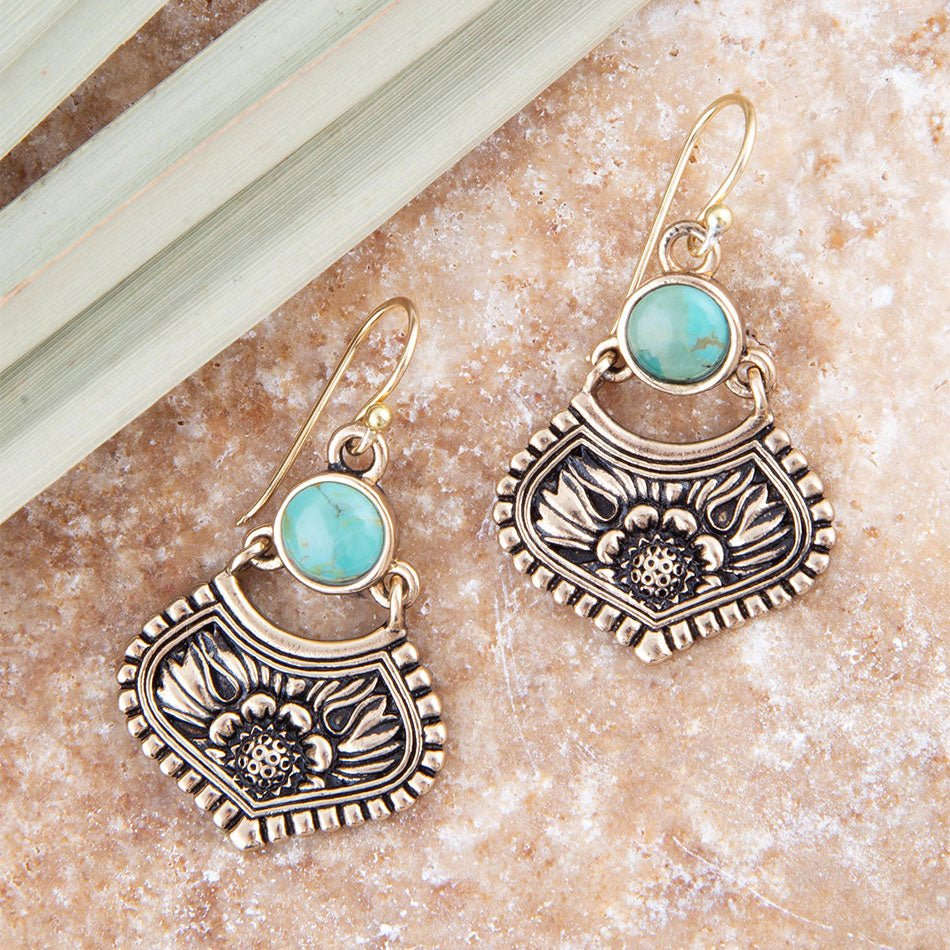 Blue Turquoise Flourish Golden Drop Earrings Otarealm