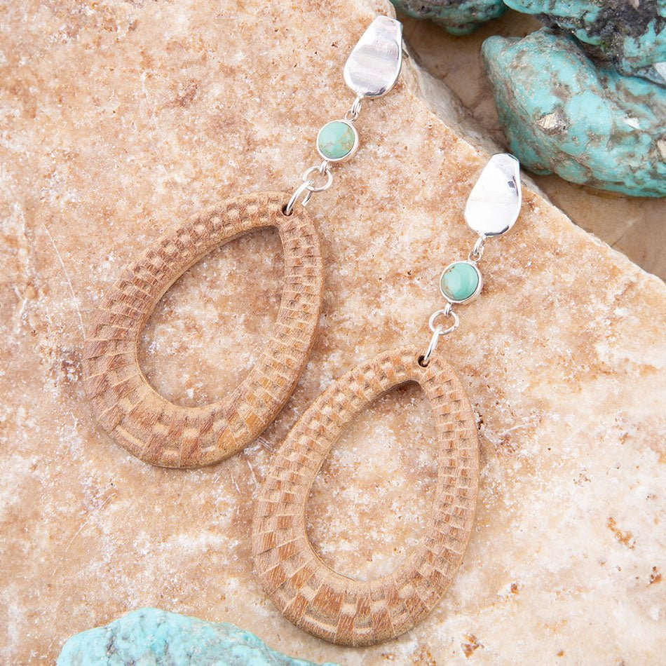 Blue Turquoise Top Carved Wood Sterling Silver Earrings Otarealm