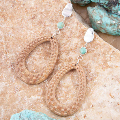 Blue Turquoise Top Carved Wood Sterling Silver Earrings Otarealm