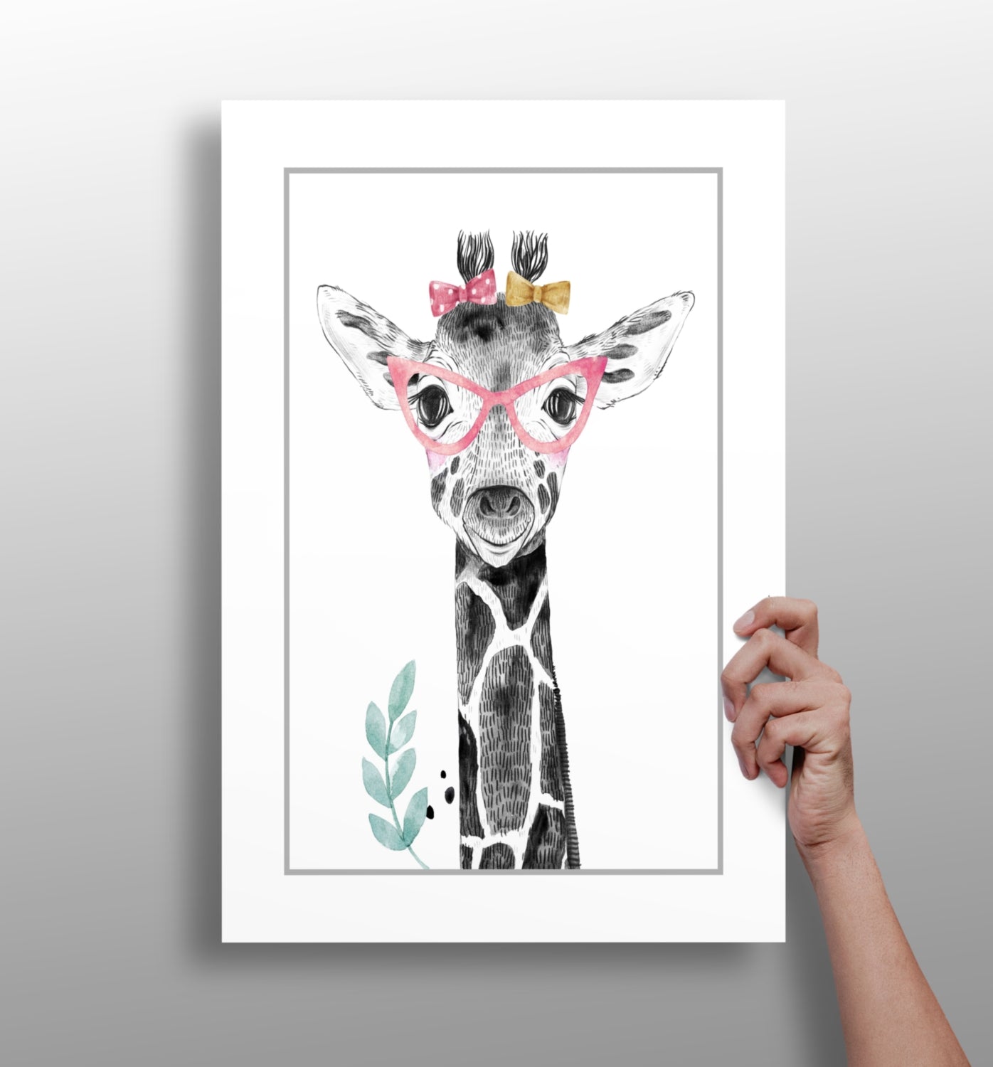 Pink Glasses Baby Giraffe Sketch Aluminum Print