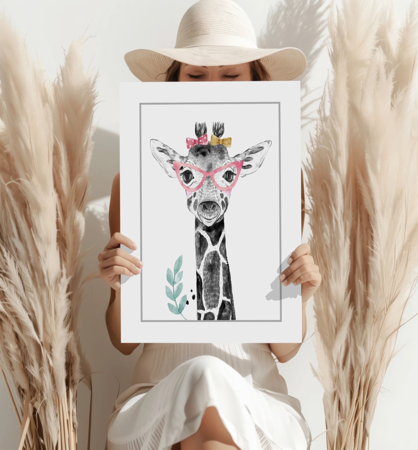 Pink Glasses Baby Giraffe Sketch Aluminum Print