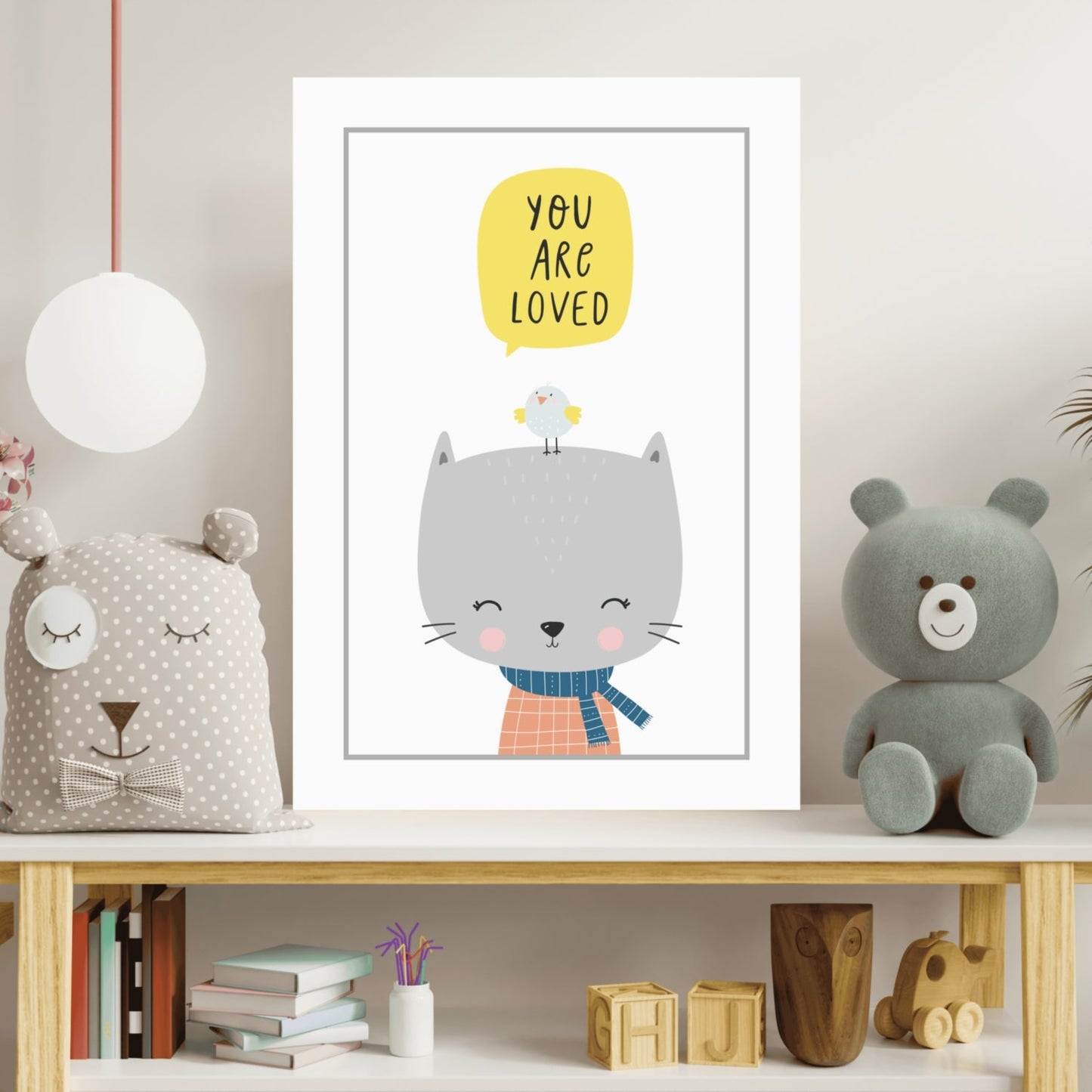 Gray Cat With Bird and Yellow Bubble Aluminum Print