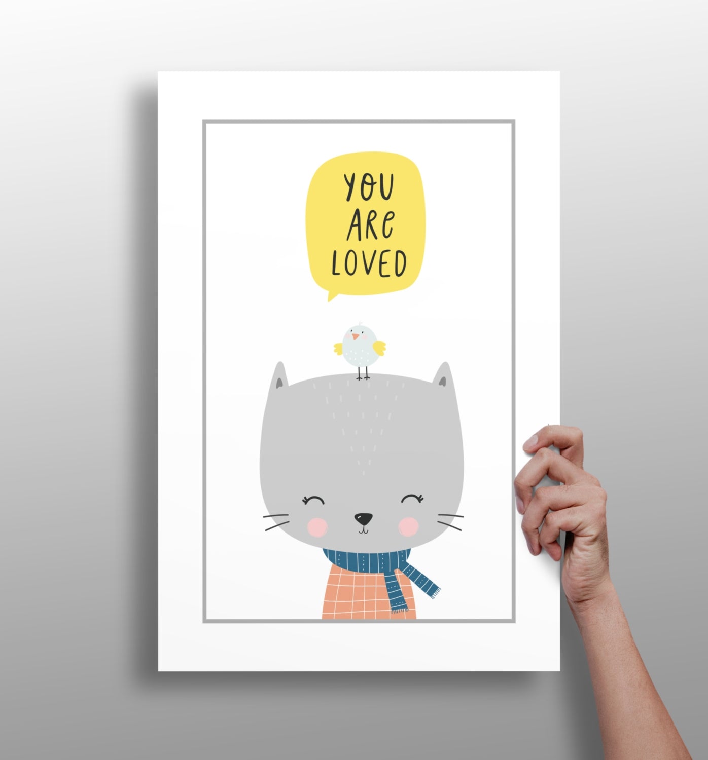 Gray Cat With Bird and Yellow Bubble Aluminum Print