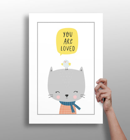 Gray Cat With Bird and Yellow Bubble Aluminum Print