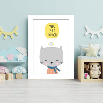 Gray Cat With Bird and Yellow Bubble Aluminum Print