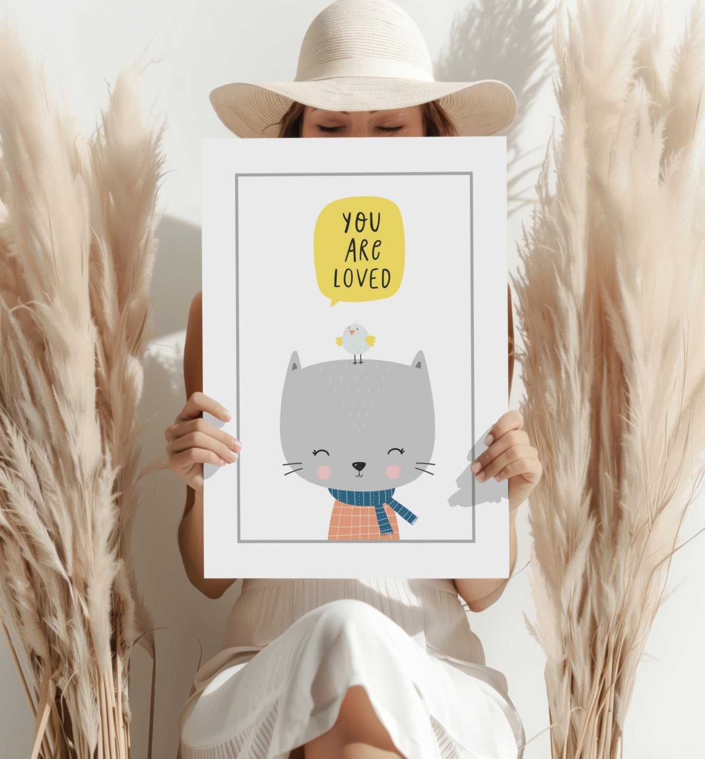 Gray Cat With Bird and Yellow Bubble Aluminum Print