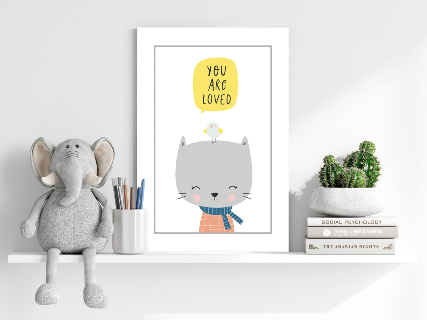 Gray Cat With Bird and Yellow Bubble Aluminum Print