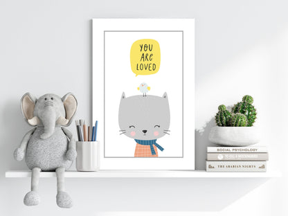Gray Cat With Bird and Yellow Bubble Aluminum Print
