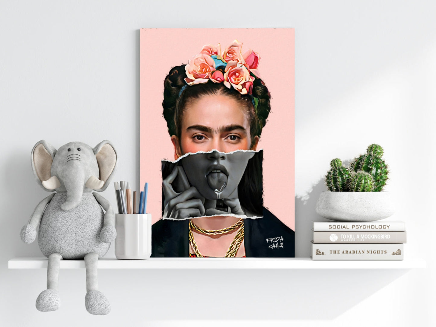 Frida Kahlo Pink Torn Paper Portrait Aluminum Print