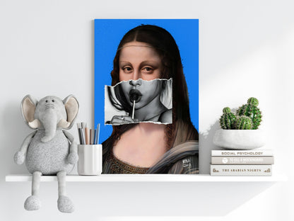 Mona Lisa Blue Torn Paper Lollipop Collage Portrait Aluminum Print