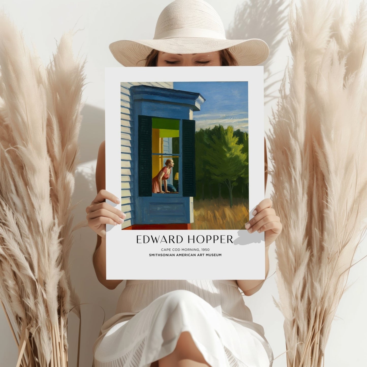 Woman at Blue Cottage Window Aluminum Print