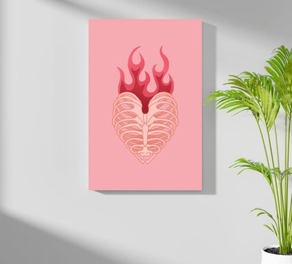 Flaming Rib Cage Heart on Pink Aluminum Print