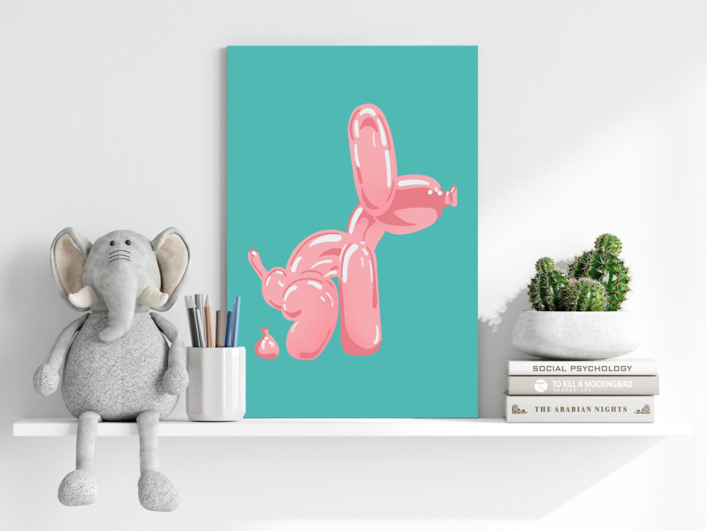 Pink Squatting Pose on Teal Balloon Dog Aluminum Print