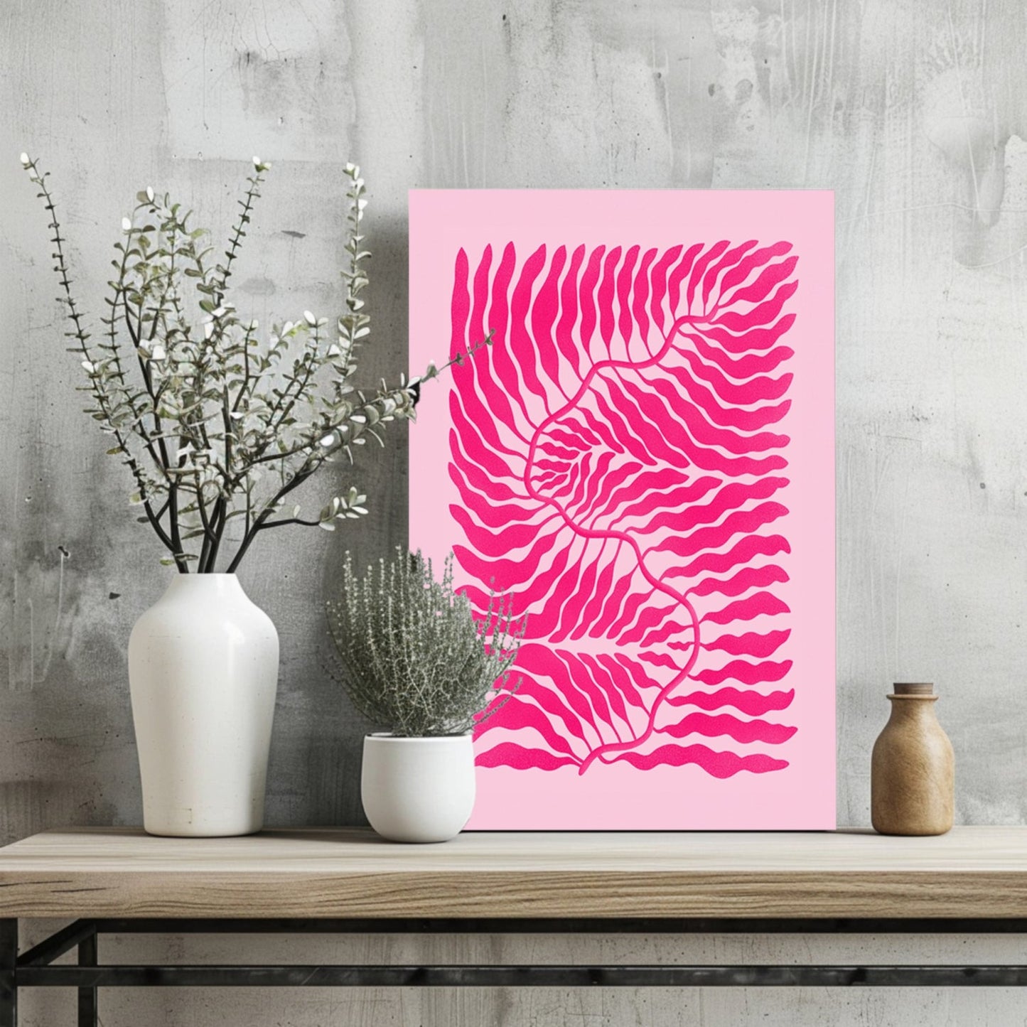 Hot Pink Wavy Fern Fronds Abstract Flower Aluminum Print