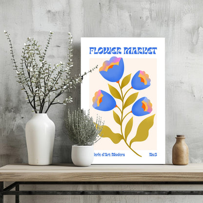 Blue Tulips Cream Poster Modern Art Gallery Flower Aluminum Print