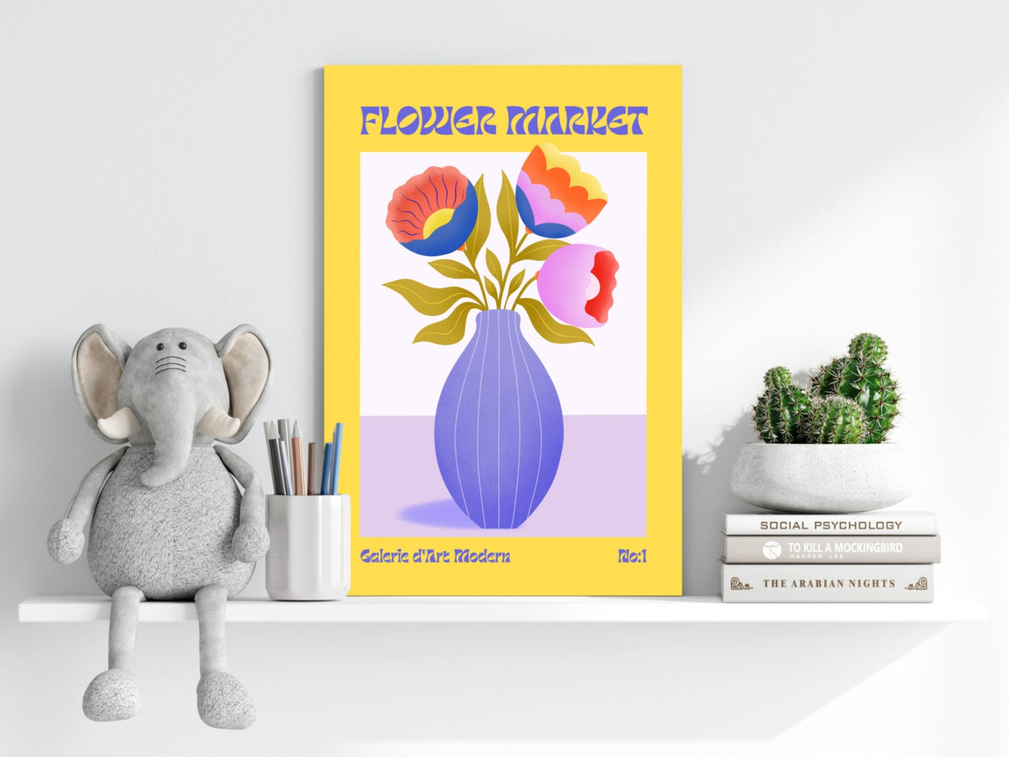 Yellow Border Vase Bouquet Modern Art Gallery Flower Aluminum Print