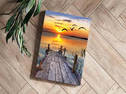 Wooden Jetty Sunset With Flying Gulls Aluminum Print