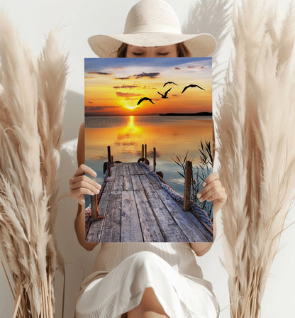 Wooden Jetty Sunset With Flying Gulls Aluminum Print