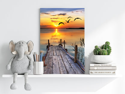 Wooden Jetty Sunset With Flying Gulls Aluminum Print