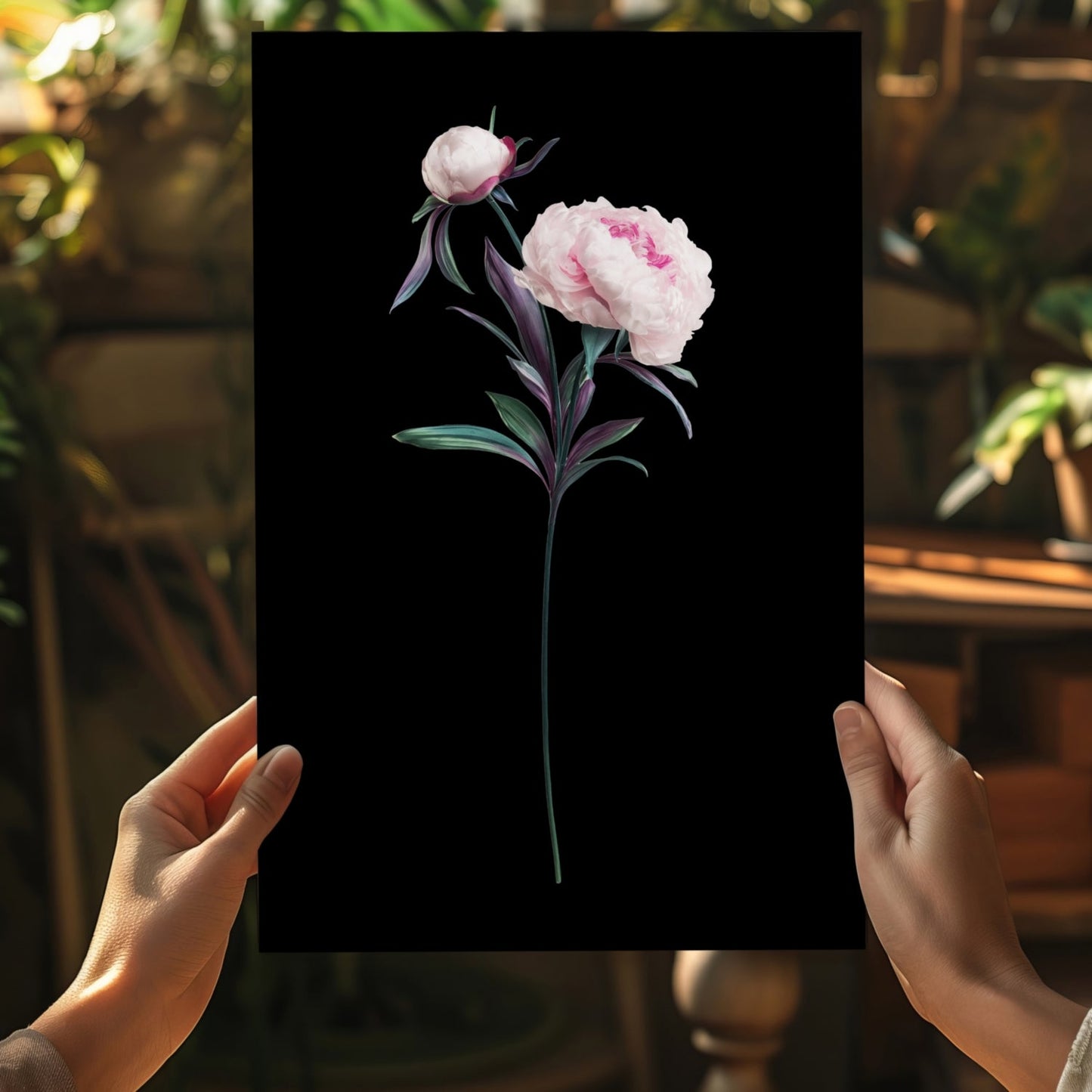Pink Peony Stem on Black Backdrop Aluminum Print