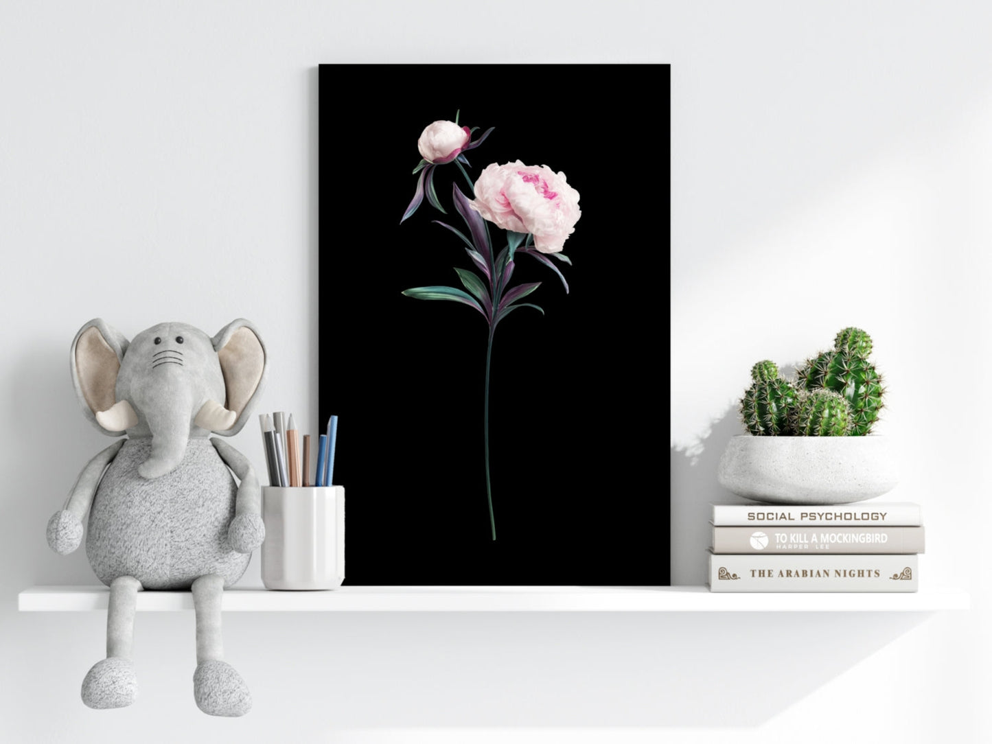 Pink Peony Stem on Black Backdrop Aluminum Print
