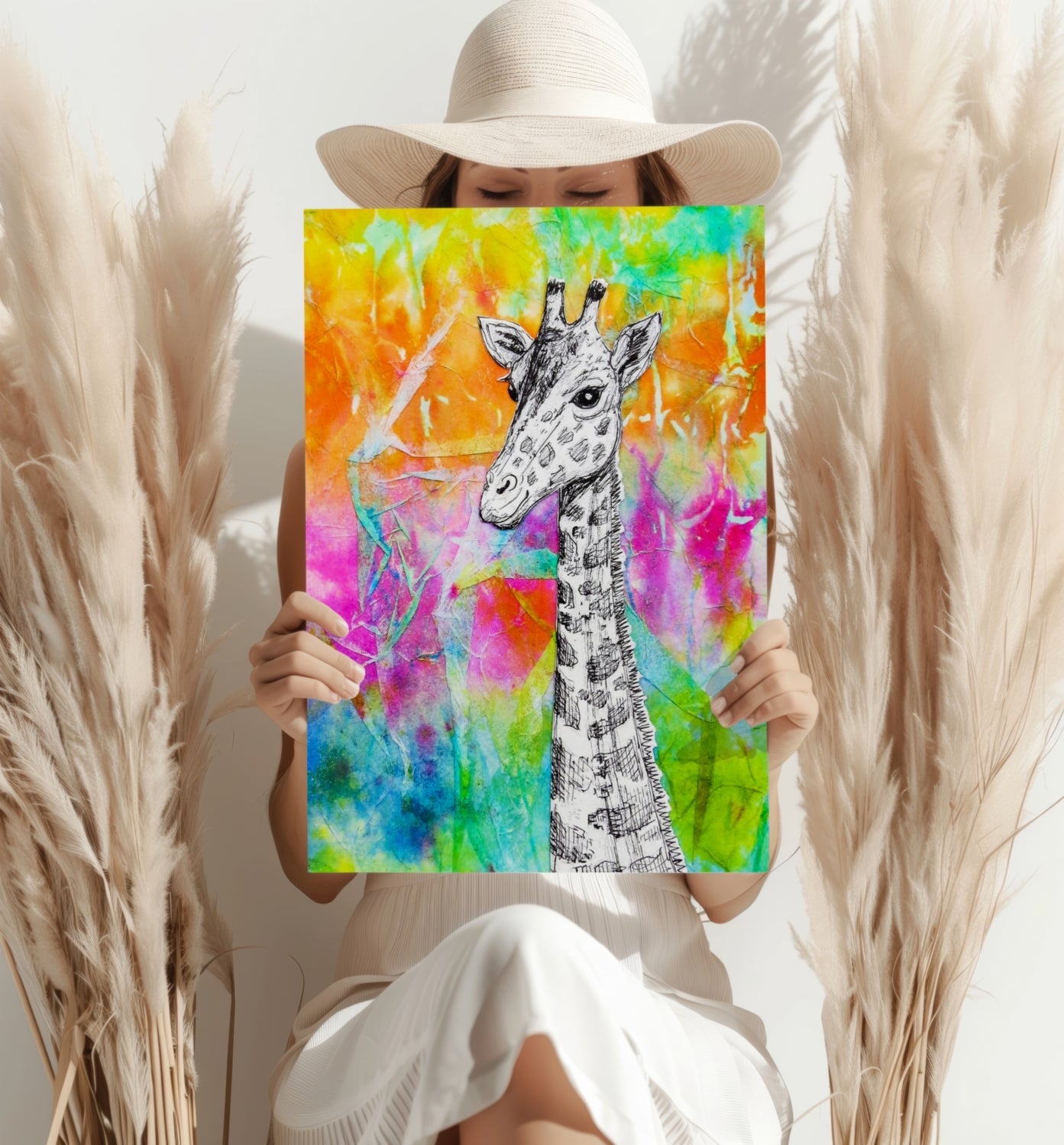 Neon Watercolor Ink Giraffe Aluminum Print