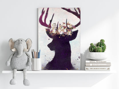 Purple Floral Crown Deer Silhouette Aluminum Print
