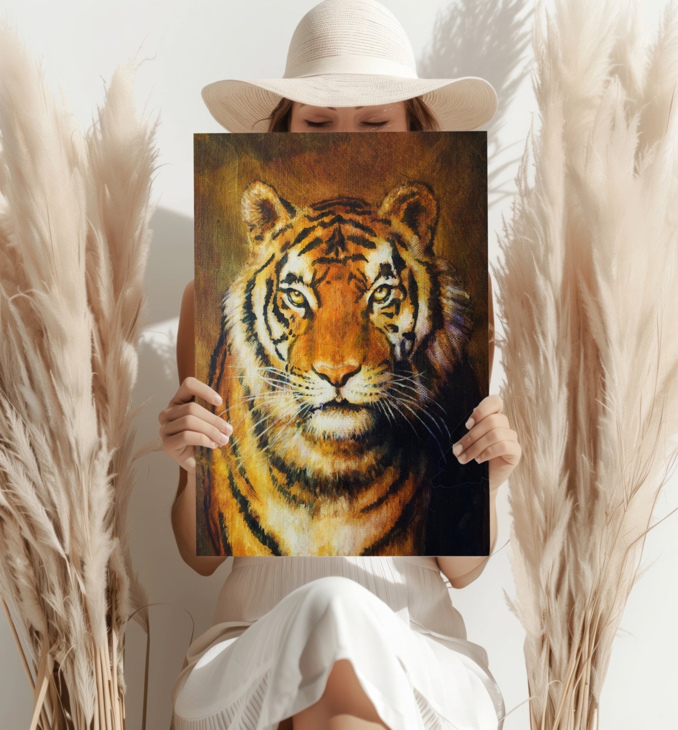 Golden Oil Painted Tiger Portrait Aluminum Print
