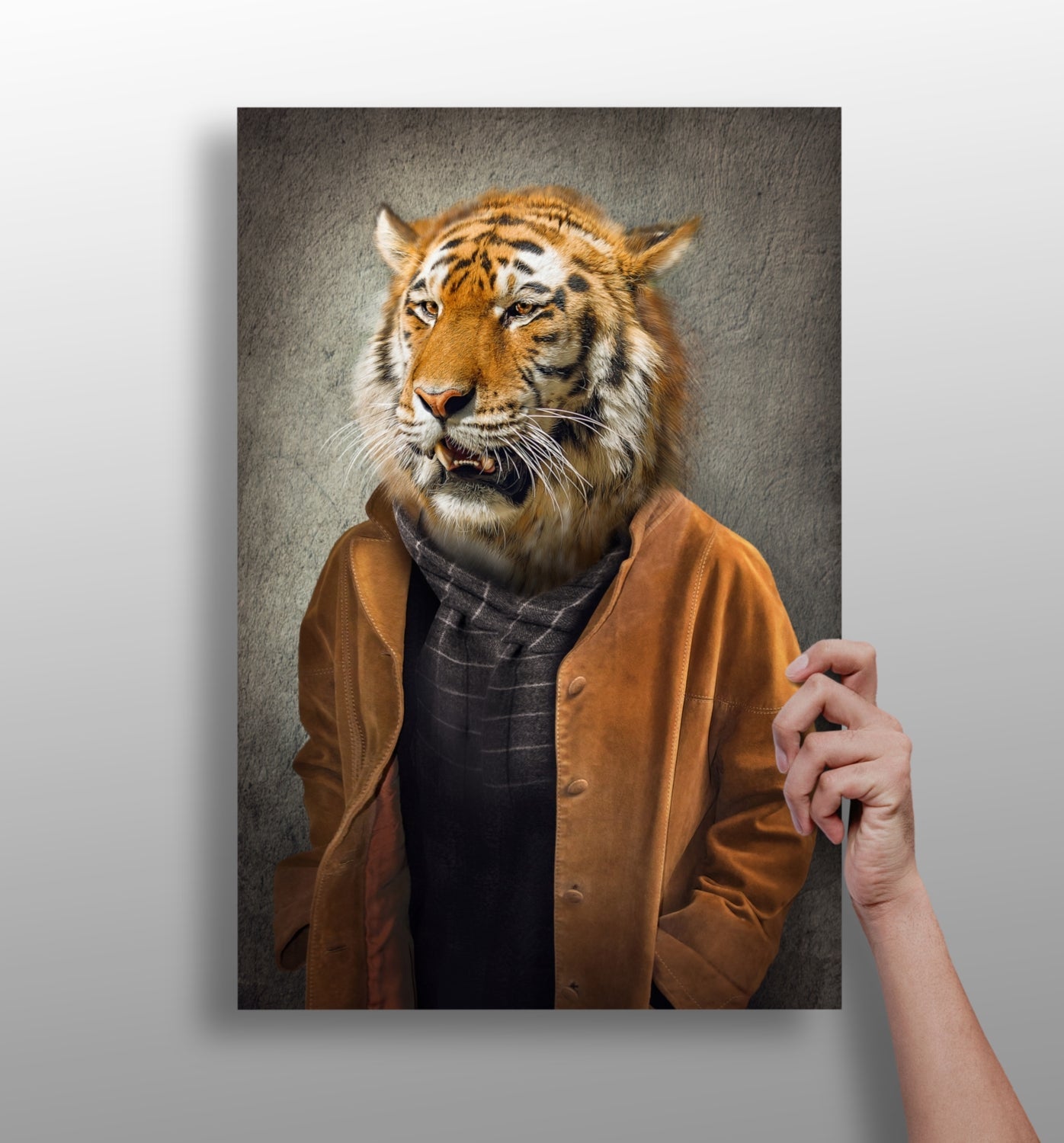 Tiger Head Man in Tan Jacket Aluminum Print