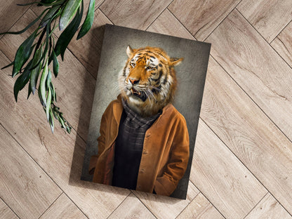 Tiger Head Man in Tan Jacket Aluminum Print