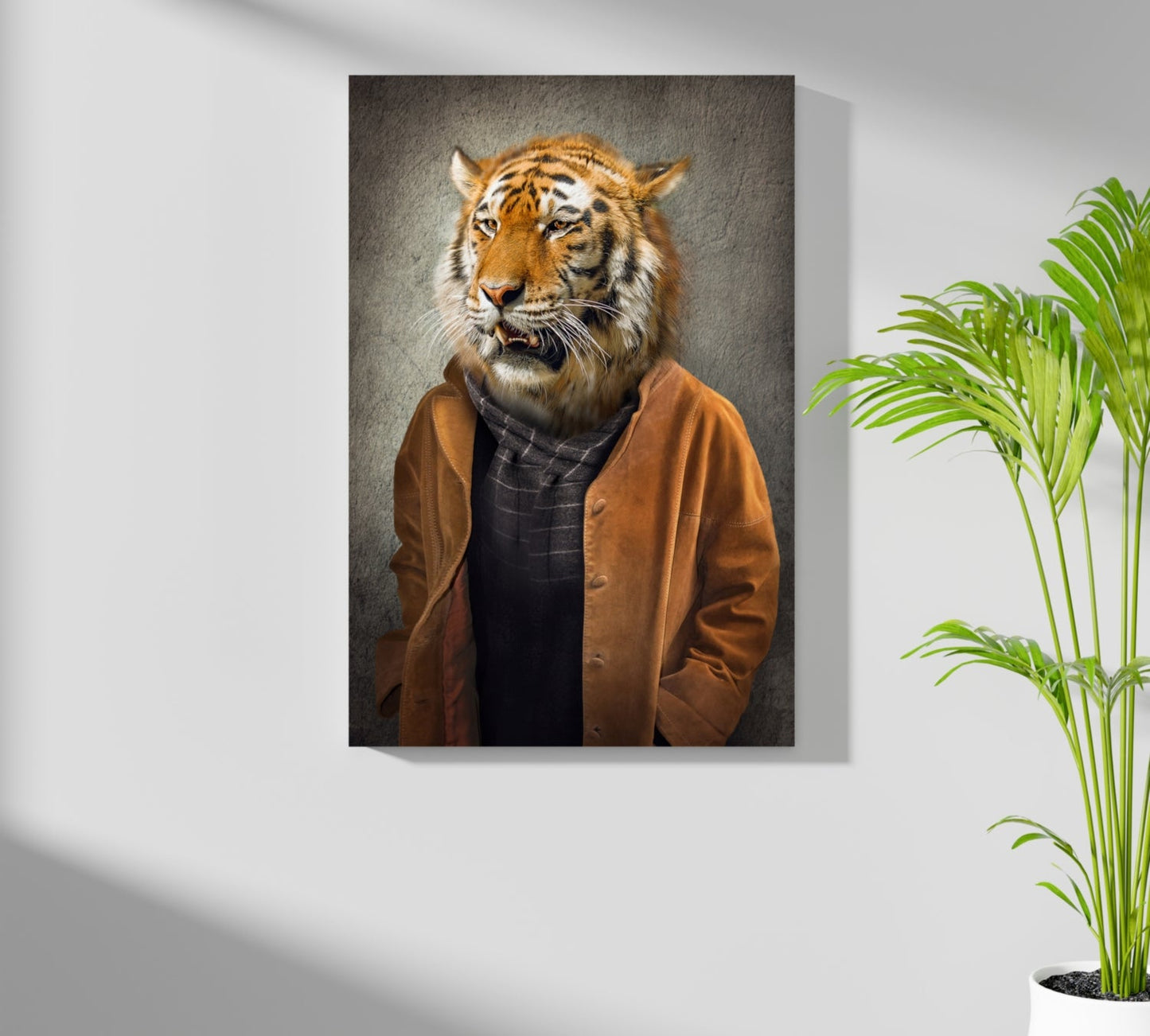 Tiger Head Man in Tan Jacket Aluminum Print
