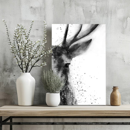 Black Ink Splatter Stag Portrait Aluminum Print