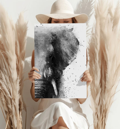 Black And White Watercolor Splatter Elephant Aluminum Print