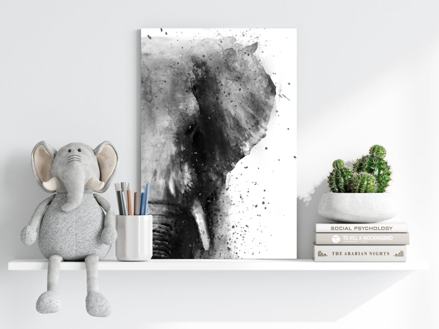 Black And White Watercolor Splatter Elephant Aluminum Print