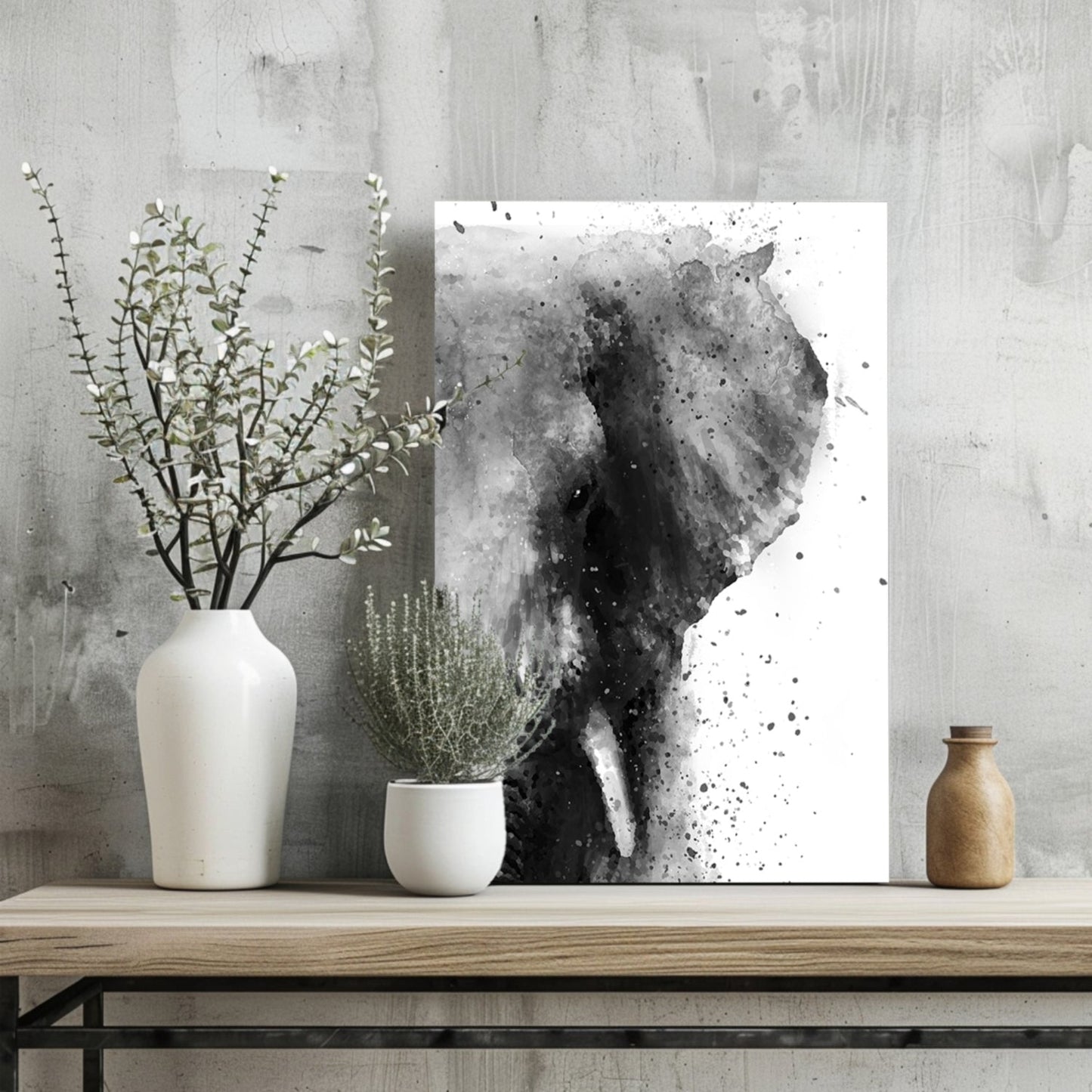 Black And White Watercolor Splatter Elephant Aluminum Print