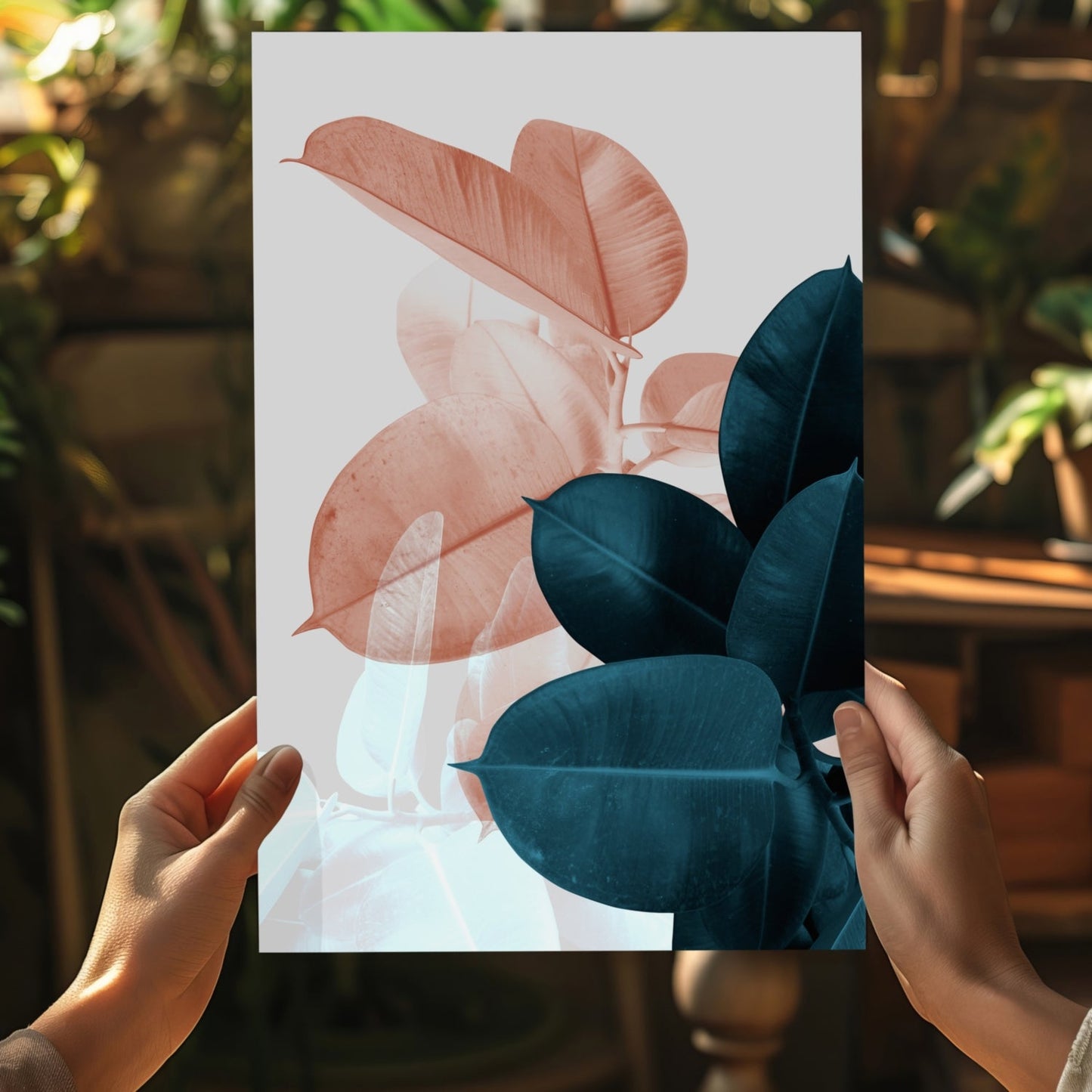 Peach and Teal Rubber Plant Leaves Aluminum Print