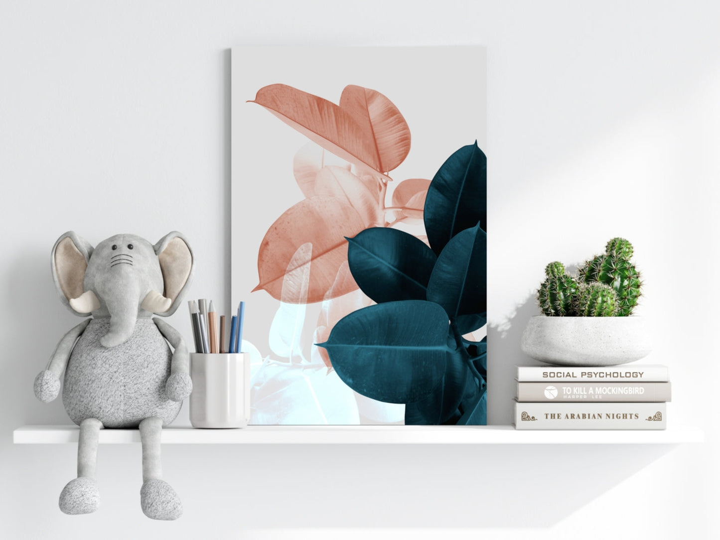 Peach and Teal Rubber Plant Leaves Aluminum Print