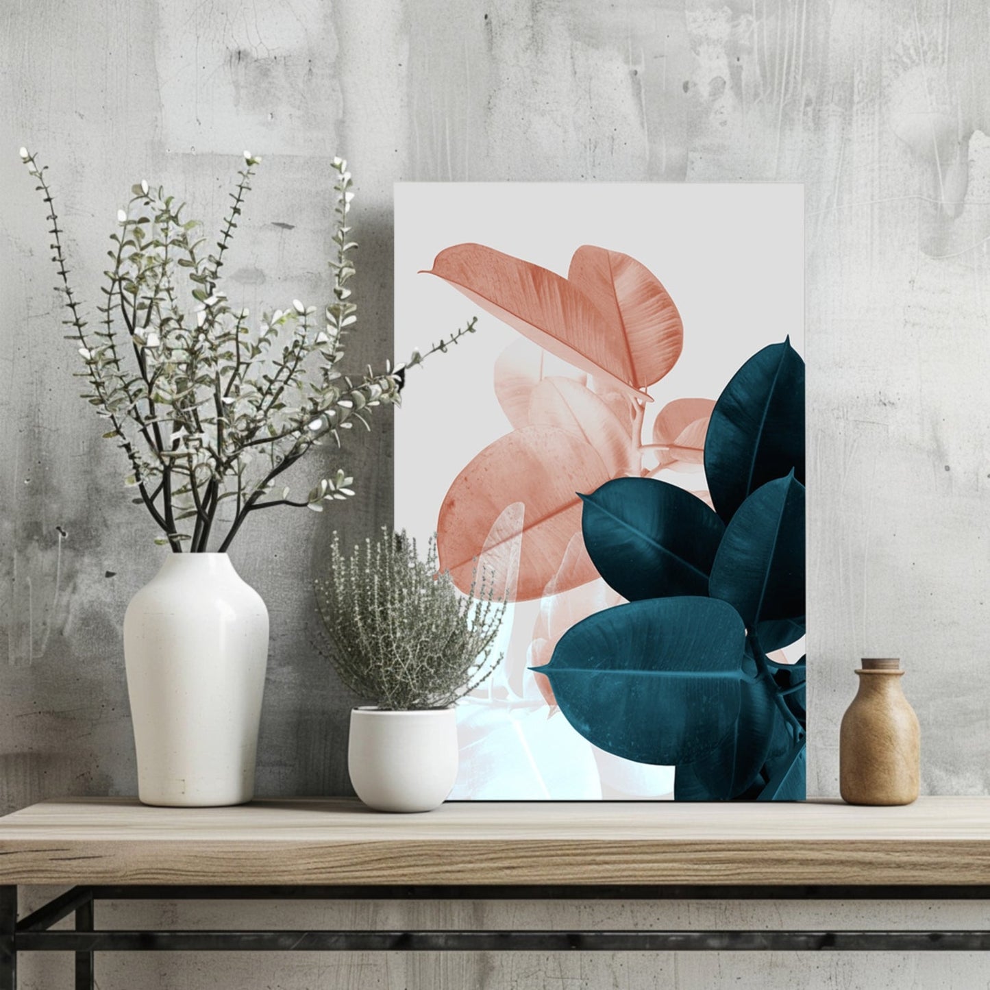 Peach and Teal Rubber Plant Leaves Aluminum Print