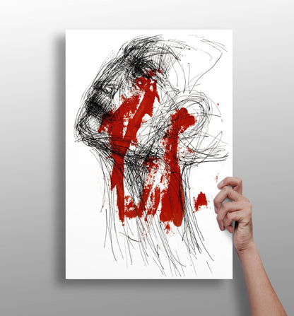 Red Paint and Black Scribble Face Aluminum Print