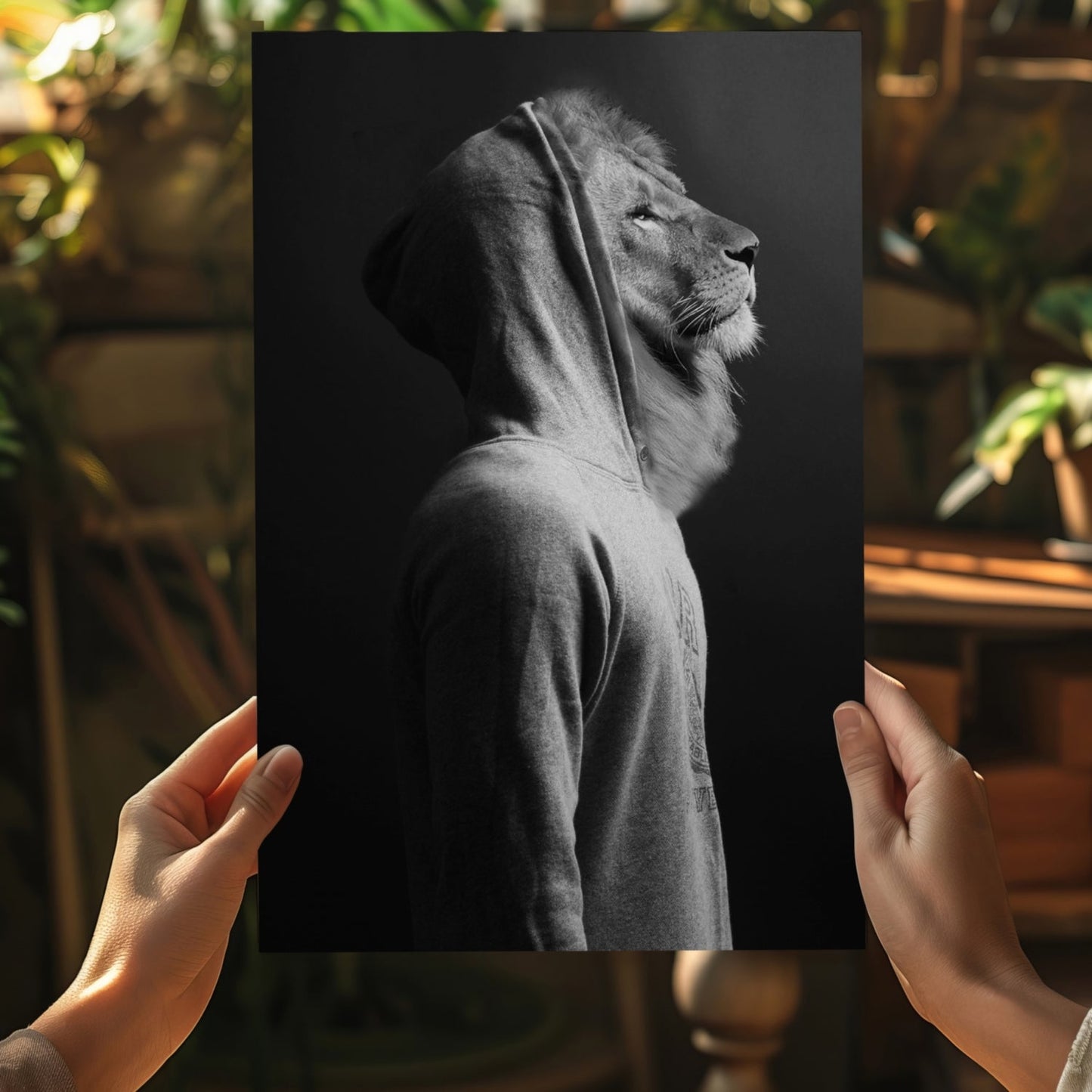 Lion in Hoodie Black White Aluminum Print