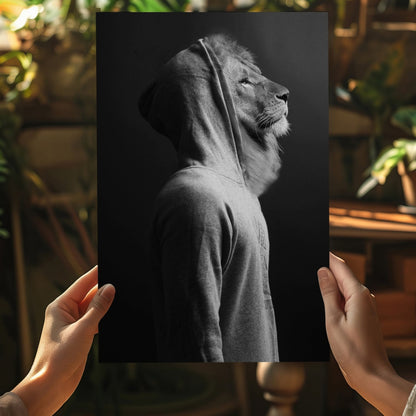 Lion in Hoodie Black White Aluminum Print
