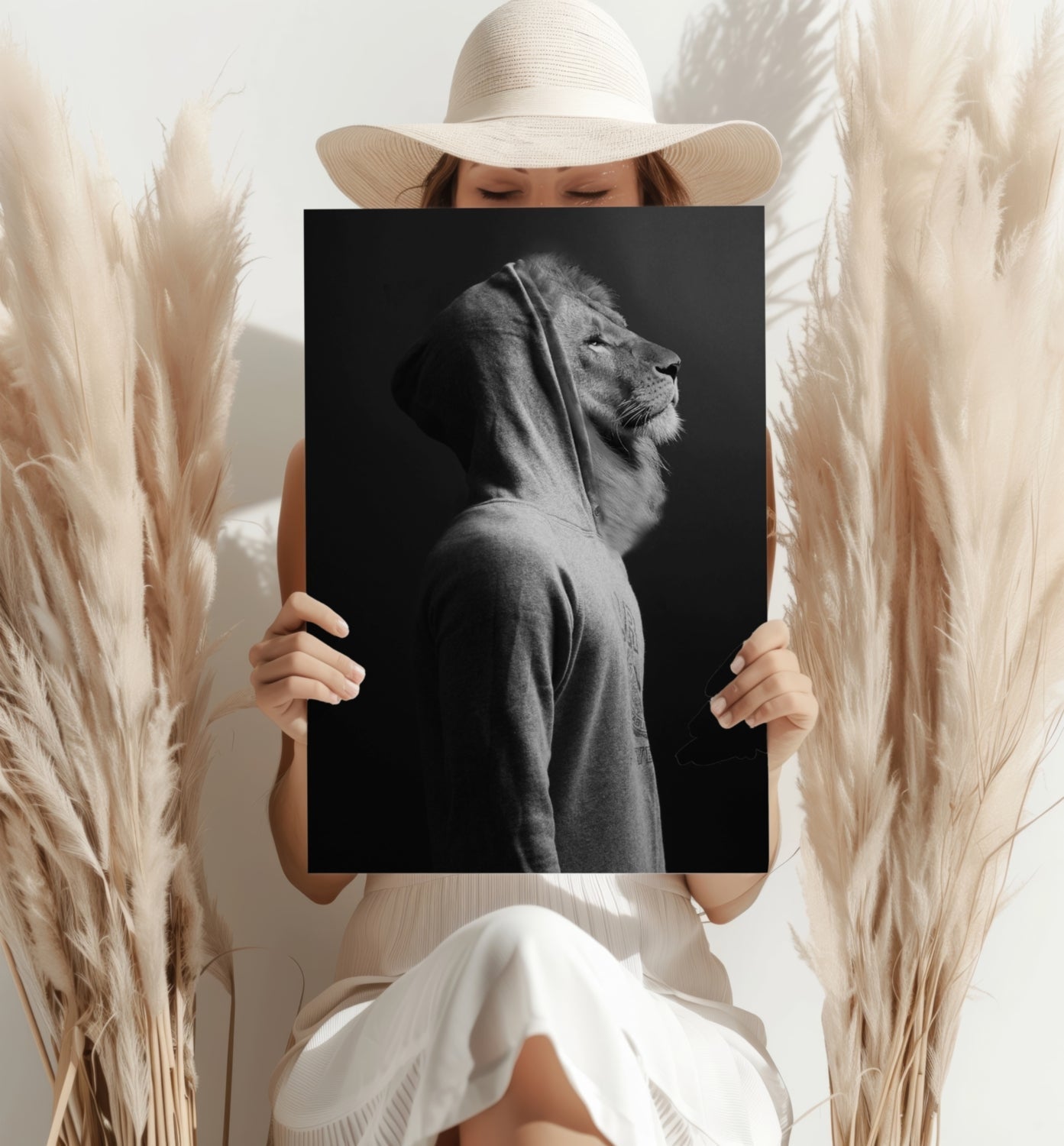 Lion in Hoodie Black White Aluminum Print