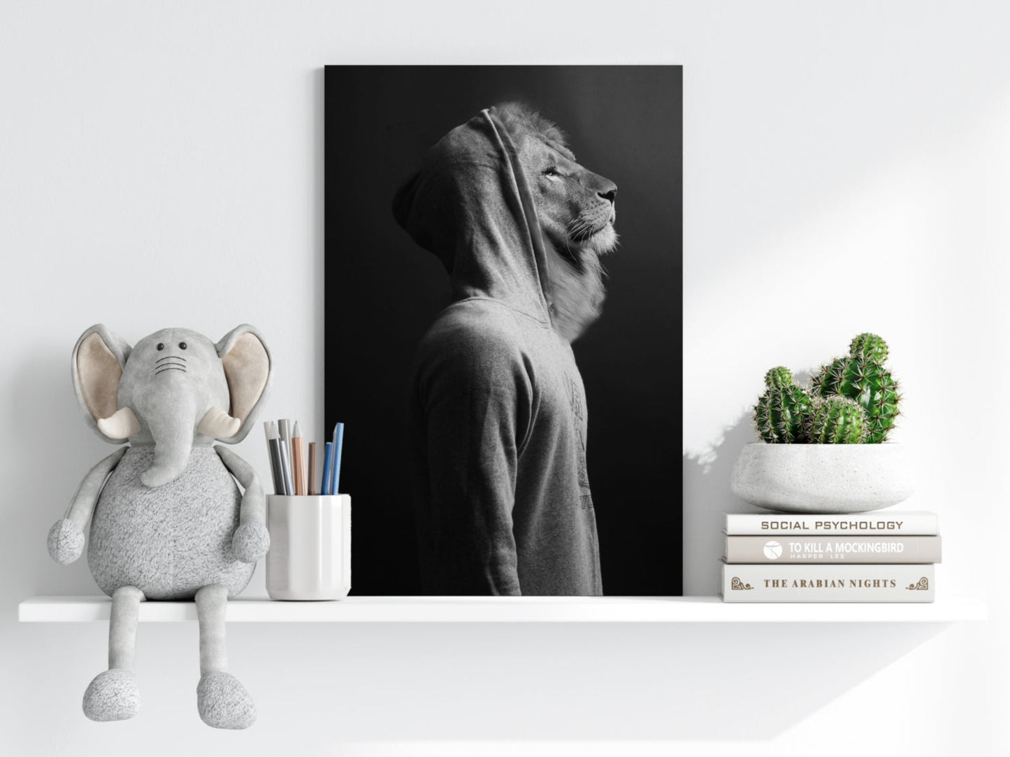 Lion in Hoodie Black White Aluminum Print
