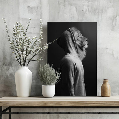 Lion in Hoodie Black White Aluminum Print