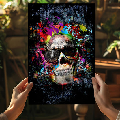 Neon Splatter Skull With Sunglasses Aluminum Print